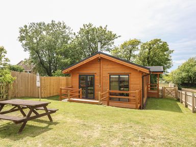 A wooden cabin with a fenced yard and a picnic table on grass at Chale Farm Lodge in Chale