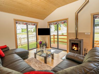 A living room with leather sofas a glass coffee table a fireplace and sliding doors at Chale Farm Lodge in Chale