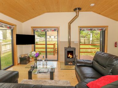 A living room with black leather sofas a glass coffee table a wood burning stove and sliding glass doors at Chale Farm Lodge in Chale