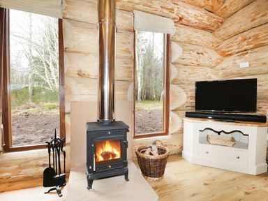 A room with a wood burning stove firewood basket television and large windows at Heron Lodge in North Kessock