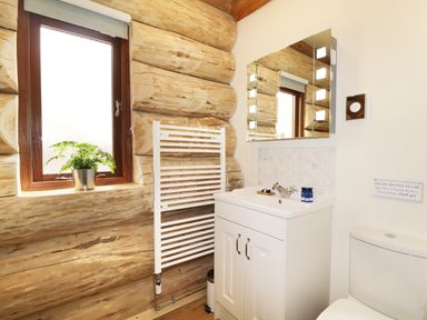A bathroom with a window plant heated towel rack sink cabinet mirror and toilet at Heron Lodge in North Kessock
