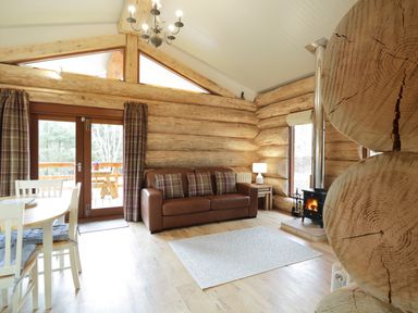 A living room in a log cabin with a brown sofa a wood stove a dining table and chairs wooden walls and a glass door leading outside at Heron Lodge in North Kessock