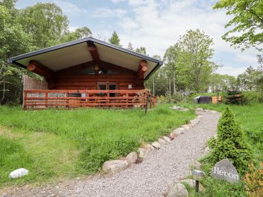 A wooden cabin with a gravel path leading to it surrounded by grass and trees at Heron Lodge in North Kessock