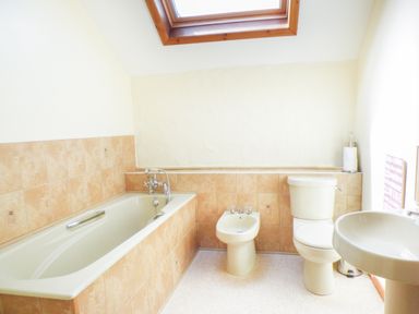A bathroom with a bathtub toilet bidet and sink under a skylight at The Old Granary in Spittal