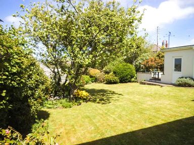 A garden with a tree lawn bushes and a small building at Pendeen in Wadebridge