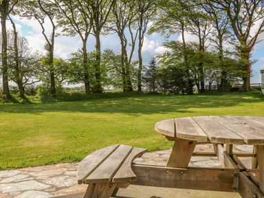 A wooden picnic table on a stone patio overlooking a grass lawn with tall trees in the background at The Cottage in Chilsworthy near Holsworthy