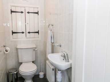A small bathroom with a toilet sink towel and window at Honeysuckle Cottage Ashwater near Holsworthy