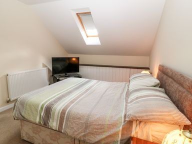 A bedroom with a bed a bedside lamp a television and a skylight window at Honeysuckle Cottage in Ashwater near Holsworthy
