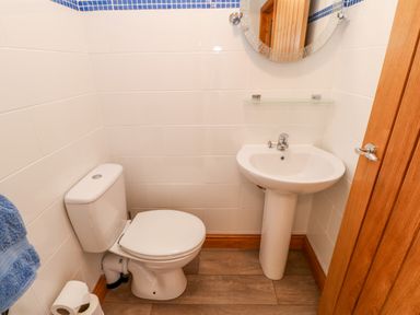 A small bathroom with a toilet a sink a round mirror and a wooden door at The Hayloft in Milton near Brampton