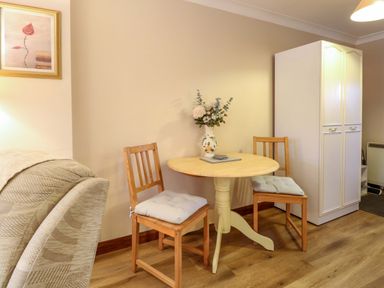 A small dining area with a round wooden table two wooden chairs with cushions a vase with flowers on the table a white cabinet and part of a beige armchair visible at Kingfisher in Wattisfield near Rickinghall and Diss