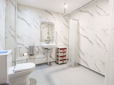 A bathroom with a toilet, sink, mirror, towel rail, small storage unit, and a shower area with a curtain at Kingfisher in Wattisfield near Rickinghall and Diss