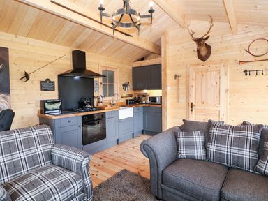 A kitchen with grey cabinets and dining chairs in a wooden room with a mounted deer head at The Shooting Lodge in Longnor