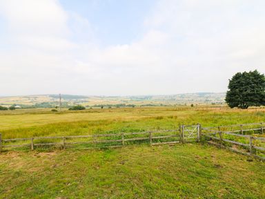 A fenced grassy field with a single tree and rolling hills in the distance at The Shooting Lodge in Longnor