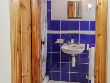 A bathroom with a wooden door a white sink blue tiled walls a mirror and a shower curtain at Seaspray in Tully County Galway