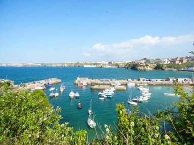 A harbor with boats docked in the water and buildings along the coastline at Saltwater One Lusty Glaze in Newquay