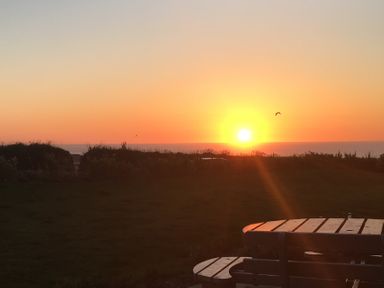 A sunset over the ocean with bushes in the foreground and a wooden picnic table at Saltwater One Lusty Glaze Newquay