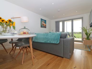 A living room with a gray sofa and teal throw facing glass doors with a view of a garden at Saltwater One Lusty Glaze in Newquay