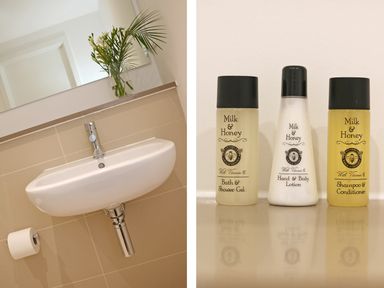 A bathroom sink with a mirror and a vase of flowers next to three bottles of milk and honey bath and body products at Saltwater One Lusty Glaze in Newquay