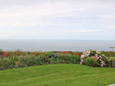 A garden with flowers and green grass overlooking the ocean at Saltwater One Lusty Glaze in Newquay