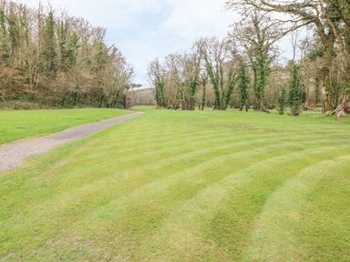 A grassy field with mowed stripes and a narrow paved path bordered by trees at Heddwch Wisemans Bridge near Saundersfoot