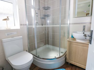 A bathroom with a toilet shower enclosure and sink with cabinet at Heddwch Wisemans Bridge near Saundersfoot
