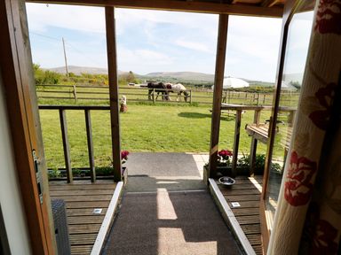 View from inside a room looking out through open glass doors onto a wooden porch with flower boxes and a grassy yard with horses behind a fence at View The Gallery in Okehampton
