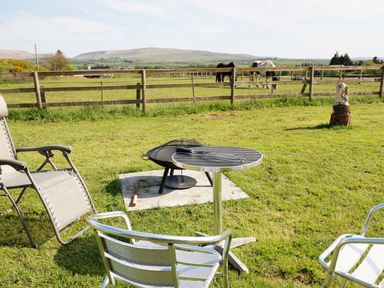 An outdoor area with chairs a small round table a fire pit and horses grazing in a fenced field at View The Gallery in Okehampton