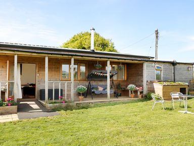 An outdoor view of a wooden cabin with a covered porch swing and potted plants in a grassy yard at View The Gallery in Okehampton