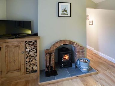 A fireplace with a wood stove burning and a wooden cabinet with a television on top at Kitts Cottage in Little Malvern near Malvern