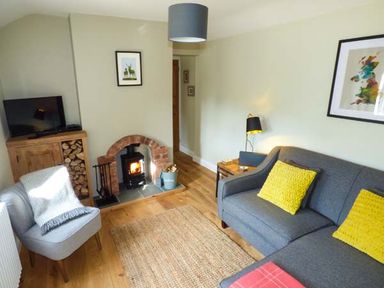 A living room with a fire in the stove a grey sofa with yellow cushions a wooden cabinet with firewood and a TV at Kitts Cottage in Little Malvern near Malvern