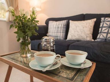 A coffee table with two cups of coffee a French press and a vase of roses in a living room with a sofa and cushions at Kilcarreg Rock near Wadebridge