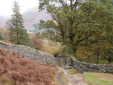 A stone wall with a wooden gate on a dirt path surrounded by trees and hills at The Oaks in Bowness Windermere