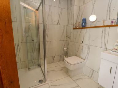 A bathroom with a glass shower enclosure a wall-mounted toilet a sink and a wooden shelf near Menai View near Menai Bridge