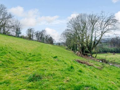 A sloped grassy field with leafless trees near a wooden fence at The Bothy in Phocle Green near Ross-on-Wye