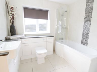 A bathroom with a bathtub shower combination toilet sink and a vase with decorative branches at Arnant in Barmouth