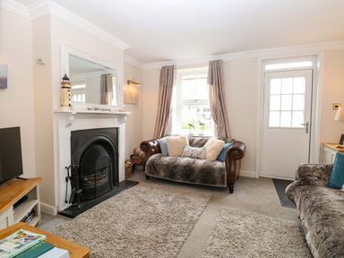 A living room with a fireplace and a television at Fern Cottage in Heacham