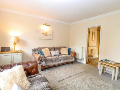 A living room with a sofa and lamp at Fern Cottage in Heacham