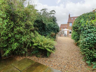 A garden path surrounded by greenery leading to a house at Fern Cottage Heacham