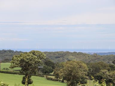 A rural landscape with trees and green fields and wind turbines in the distance at Delfryn in Llannefydd near Denbigh