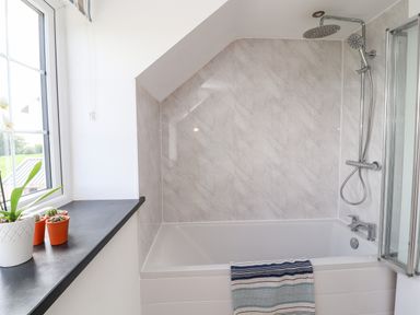 A bathroom with a bathtub shower combo and plants on the windowsill at Delfryn in Llannefydd near Denbigh