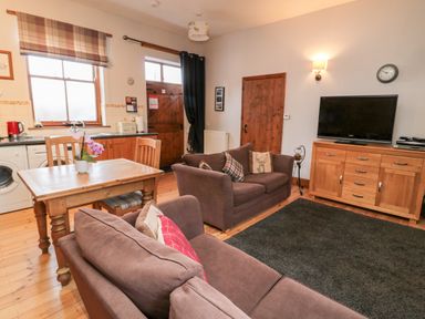 A living room with brown sofas a wooden table and chairs a television on a wooden cabinet and windows at The Old School Room in Longhorsley near Morpeth and Alnwick