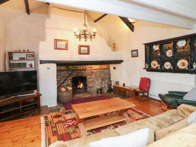 A living room with a fireplace a wooden coffee table a television and shelves displaying plates at Ballintlea in Ballintlea near Dungarvan County Waterford