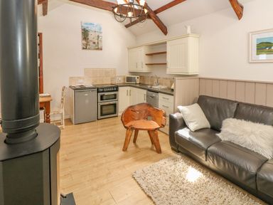 A rustic kitchen and living area with wooden beams wooden chair black leather sofa and wood stove at The Barn at Waunlippa Narberth