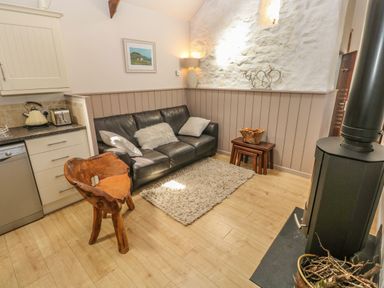 A living area with a black leather sofa three cushions a wooden chair a small rug and a wood-burning stove at The Barn at Waunlippa in Narberth