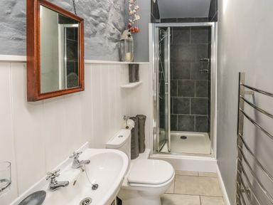 A small bathroom with sink toilet and a shower with glass door at The Barn at Waunlippa Narberth