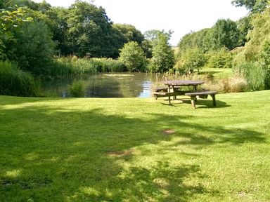 A grassy area with a round wooden picnic table near a pond surrounded by trees at The Barn at Waunlippa in Narberth