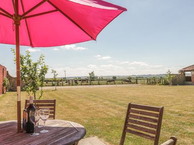 A garden with a wooden table and chairs under a pink umbrella and cows grazing in the field at Cow Byre in Malton