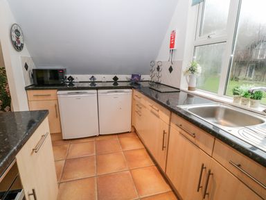 A kitchen with two small refrigerators a microwave on a counter a sink with plants on the windowsill and wooden cabinets at Brookside in Honicombe Manor near Gunnislake