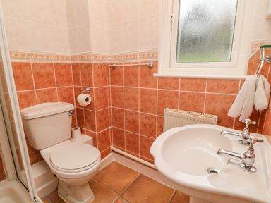 A bathroom with a toilet a sink and a window at Brookside in Honicombe Manor near Gunnislake