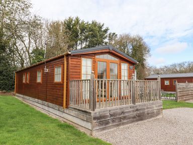 A wooden cabin with a small fenced porch on a grassy area at Broad Down in Berrow